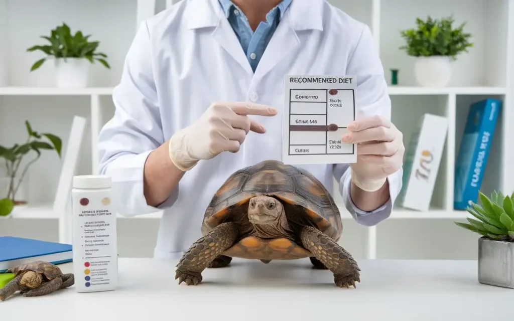 A veterinarian advising on a Russian tortoise diet while holding a tortoise