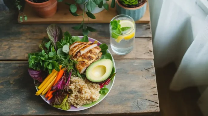 A vibrant meal showcasing fresh, colorful whole foods, representing the virgin diet's focus on clean eating