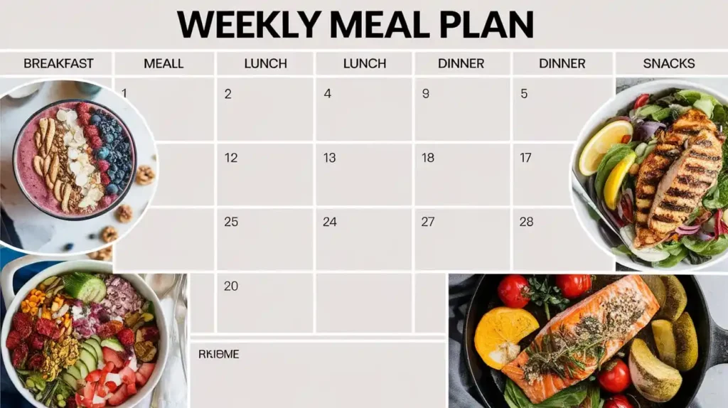 A weekly meal plan with vibrant images of balanced meals tailored to the virgin diet