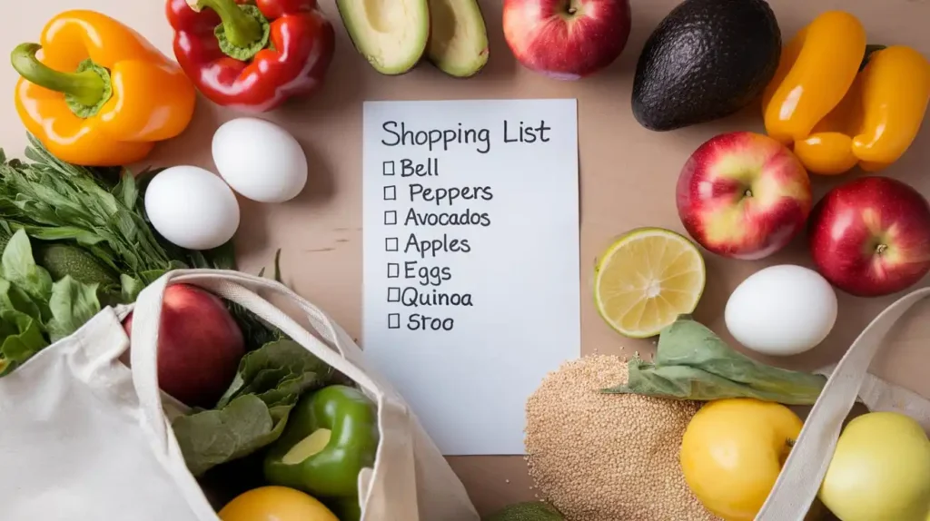 A detailed shopping list with whole foods like vegetables, fruits, lean proteins, and gluten-free options.