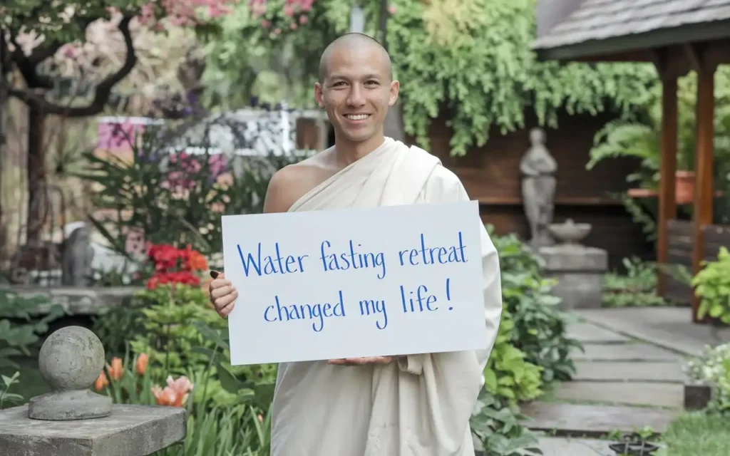 Happy participant sharing success story from a water fasting retreat
