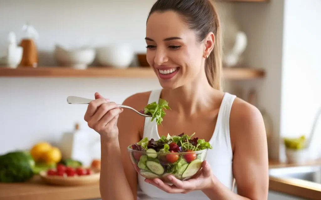 A smiling woman holding a bowl of salad, showing the benefits of the Westchester Diet Plan