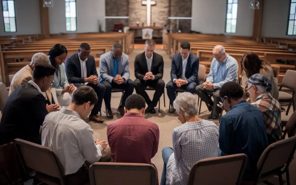 A group of people fasting and praying together in a church setting.
