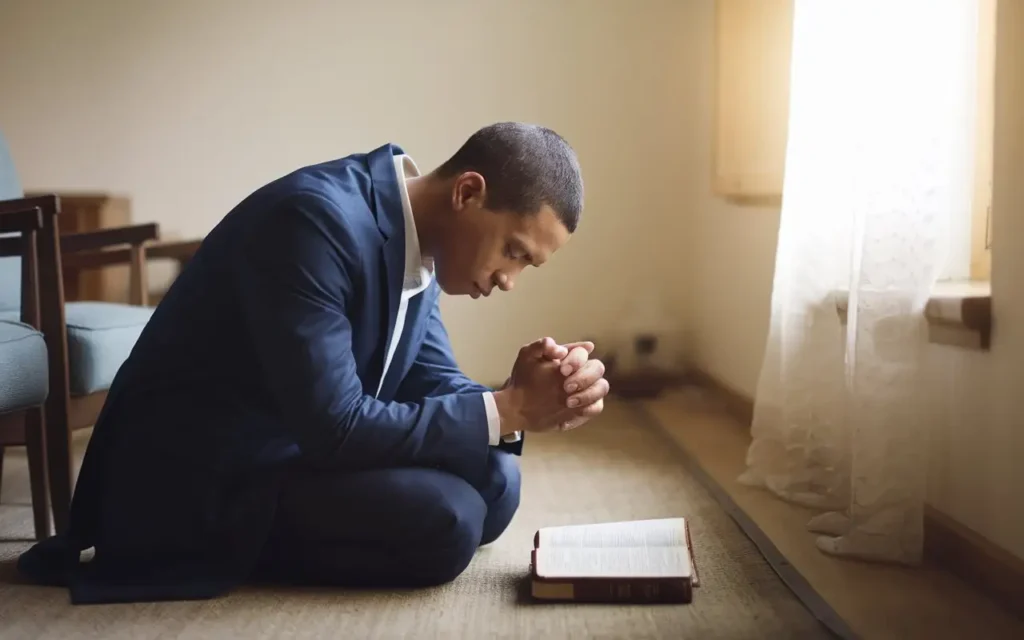 A person praying during fasting, with a peaceful background.