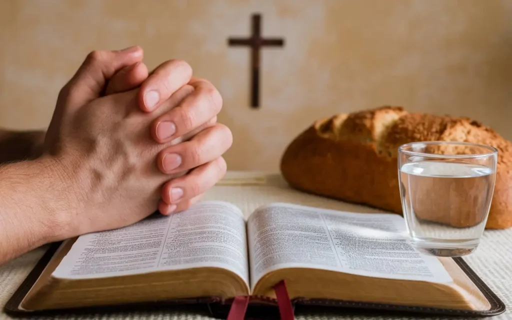 A symbolic image showing hands in prayer over a table with a Bible and a loaf of bread.
