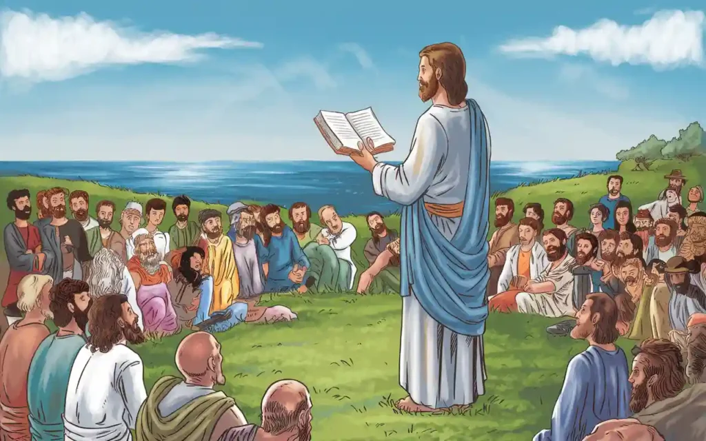 Jesus speaking to a crowd during the Sermon on the Mount about fasting