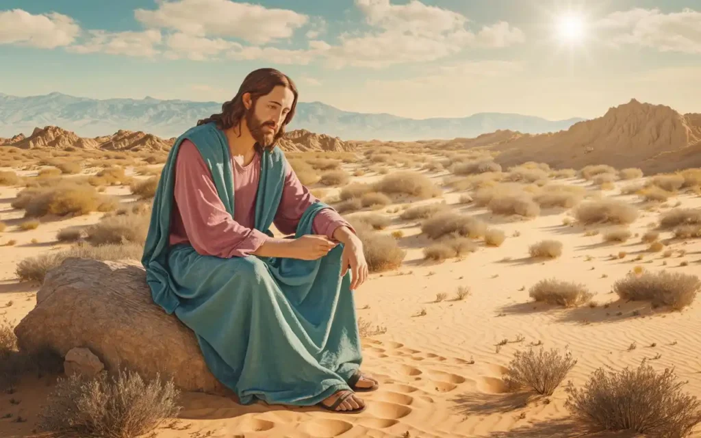 Jesus fasting in the wilderness, surrounded by a desolate landscape