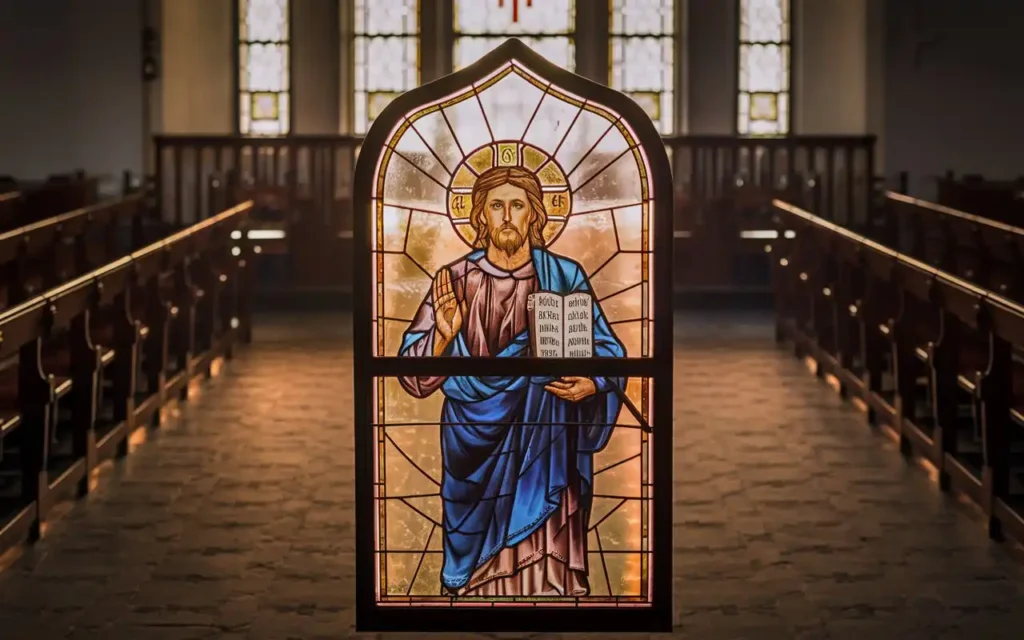 A glowing light shining through a church window, symbolizing spiritual enlightenment and closeness to God through fasting.