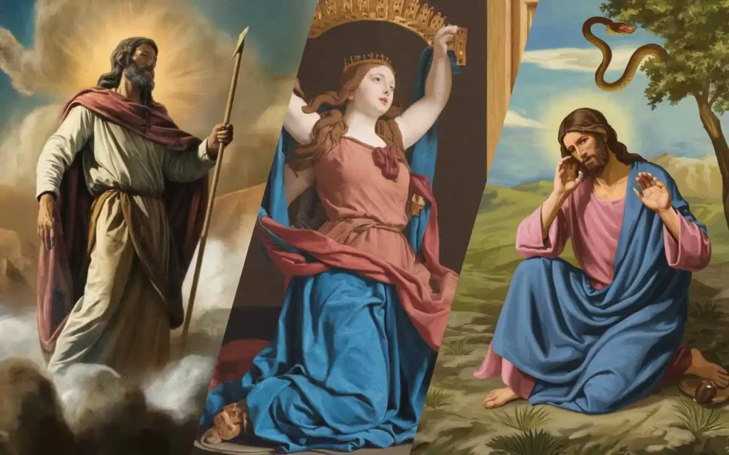 Artistic depictions of Moses, Esther, and Jesus in moments of fasting or prayer.