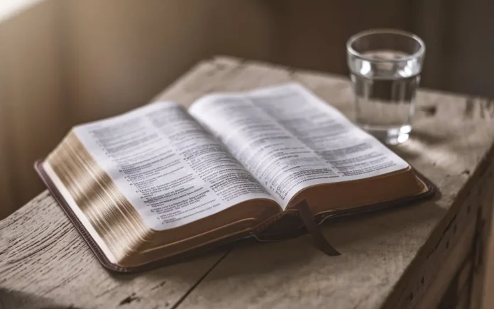 A Bible, open to a fasting-related scripture, placed on a rustic wooden table with a cup of water beside it.