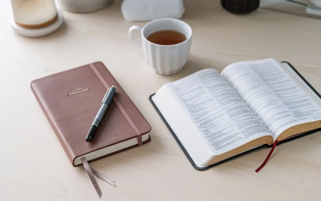 A journal and pen next to a Bible and a cup of tea, representing preparation for a fasting journey.