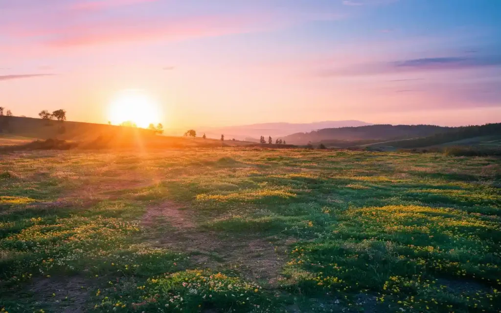 A sunrise over a quiet field, symbolizing renewal and spiritual awakening through fasting.