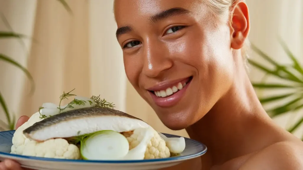 A person smiling with a clear complexion, holding a plate of white diet foods like cauliflower and white fish