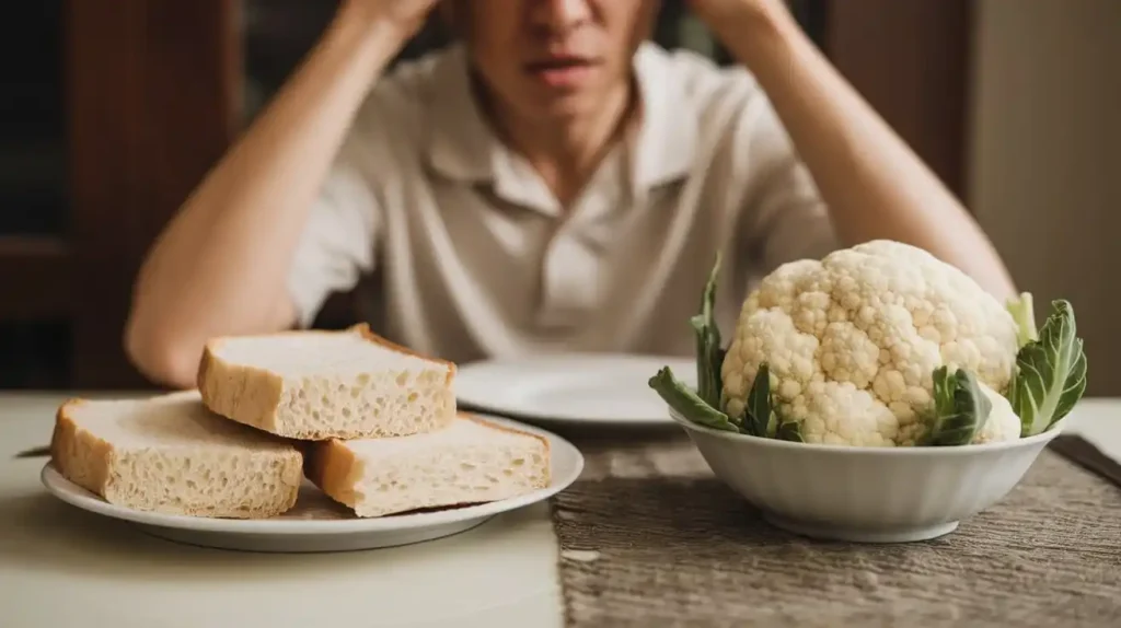 A frustrated person looking at a plate of processed white bread next to a bowl of cauliflower.