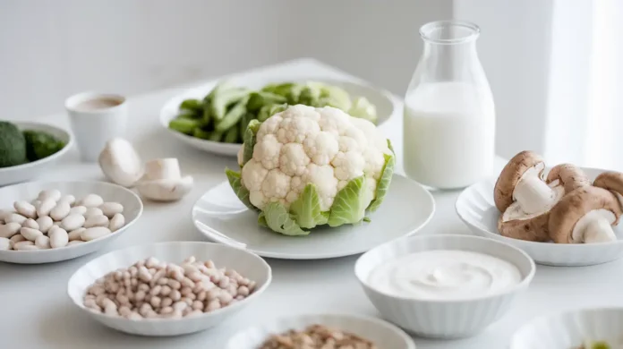 A healthy table spread with white diet foods such as cauliflower, coconut, and white beans