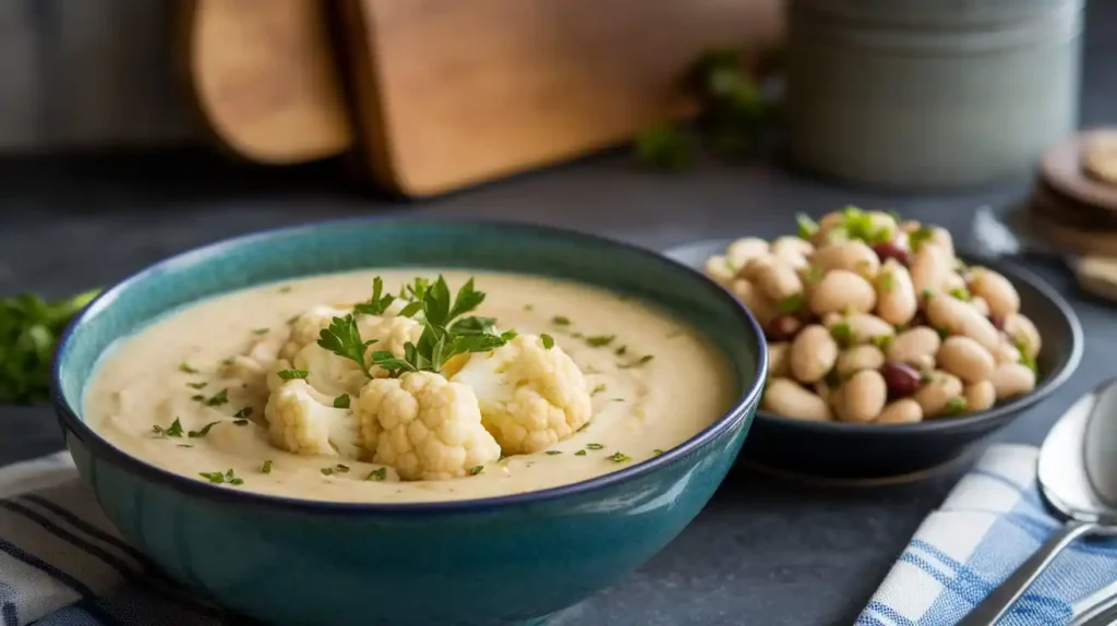 A delicious bowl of creamy cauliflower soup garnished with parsley