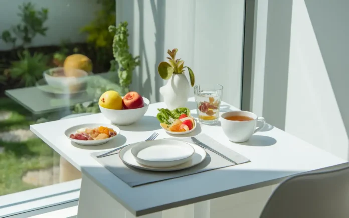 A peaceful breakfast table with white fasting-friendly foods like fruits, vegetables, and herbal tea