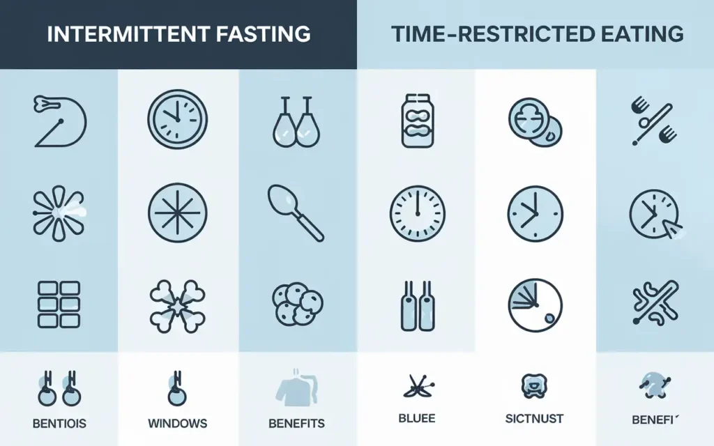 A comparison chart of white fasting methods, including intermittent fasting and time-restricted eating