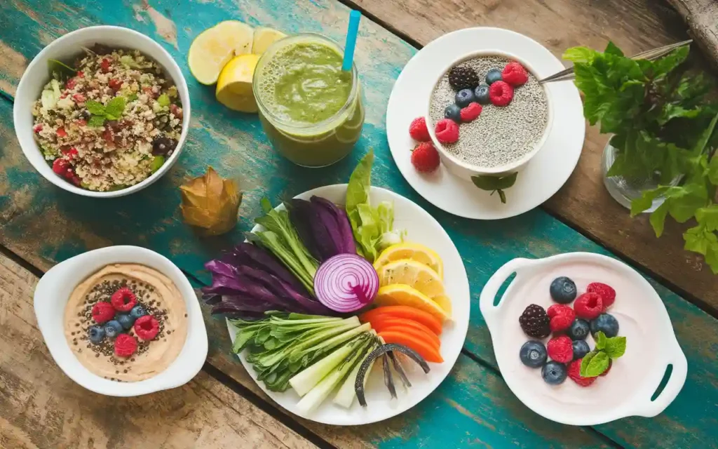 A top-down view of white fasting-friendly meals, such as salads, smoothies, and chia pudding