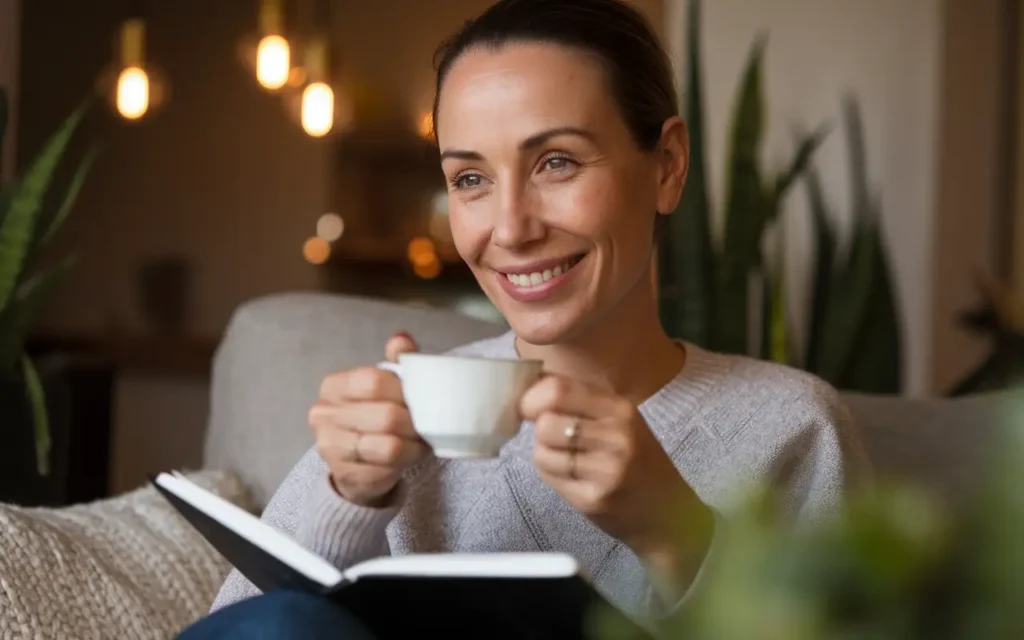 A smiling woman sharing her white fasting success story in a casual living room setting