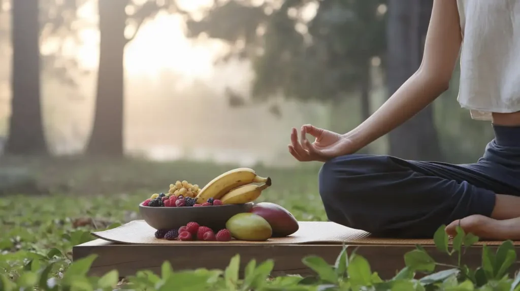 A serene yoga practitioner meditating with a bowl of fresh fruit nearby, symbolizing the yoga diet balance.