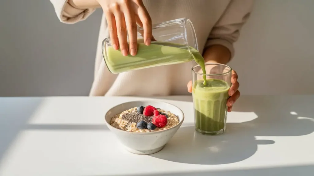 A person preparing a light yoga diet breakfast, including a smoothie and oats, in a sunlit kitchen.