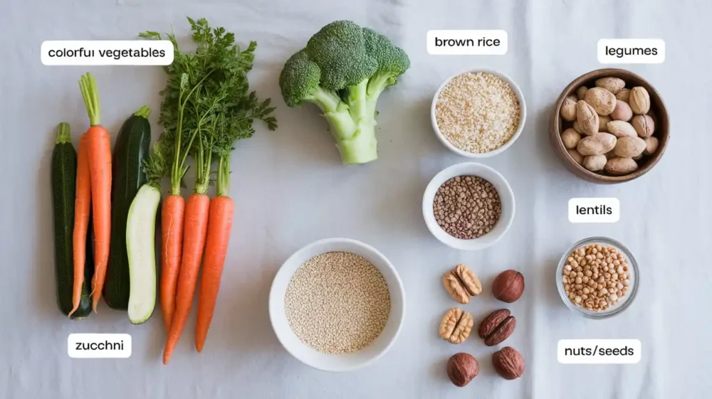 A flat lay of key yoga diet food groups, including vegetables, grains, legumes, and nuts, arranged with labels.