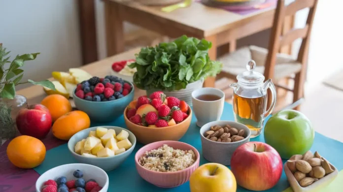 A vibrant display of yoga diet foods, including fresh fruits, vegetables, and grains, placed on a rustic wooden table.