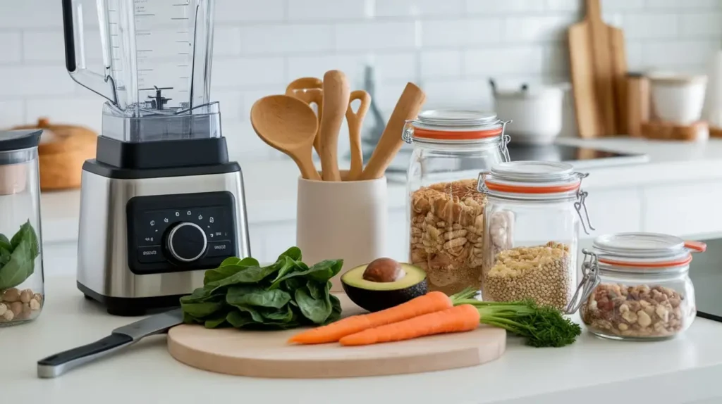 Essential tools for preparing a yoga diet, including a blender, chopping board, and fresh produce.
