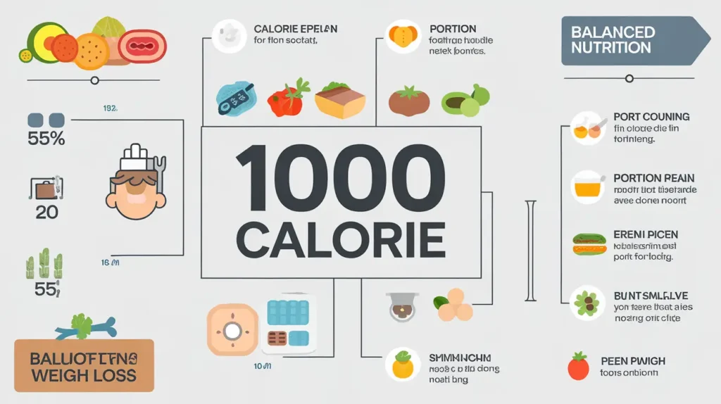 Illustration showing the basics of a 1000 calorie diet plan for weight loss