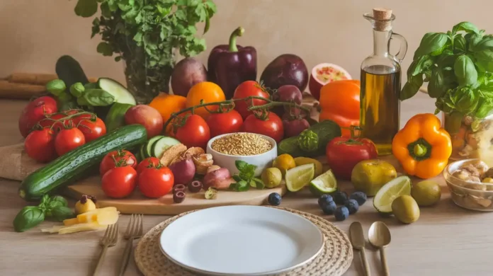 Vibrant spread of fresh foods representing a 1200 calorie mediterranean diet