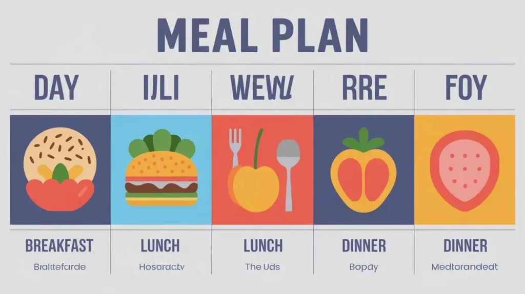 Colorful meal plan layout for a 1200 calorie mediterranean diet