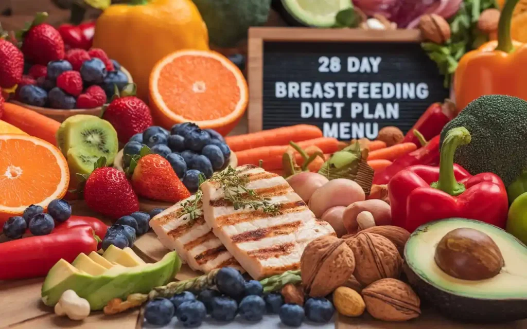 Image of fresh fruits, vegetables, and proteins representing the 28 day breastfeeding diet plan menu
