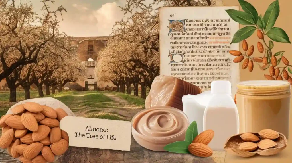 Historical depiction of almonds and the almond diet tradition.
