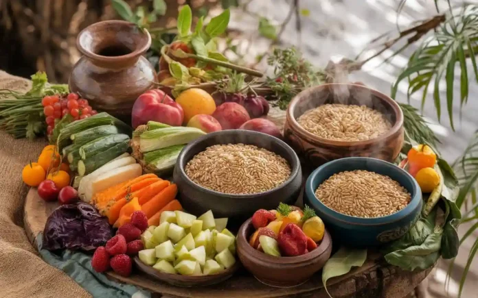 Table showcasing ayahuasca diet recipes with fresh produce