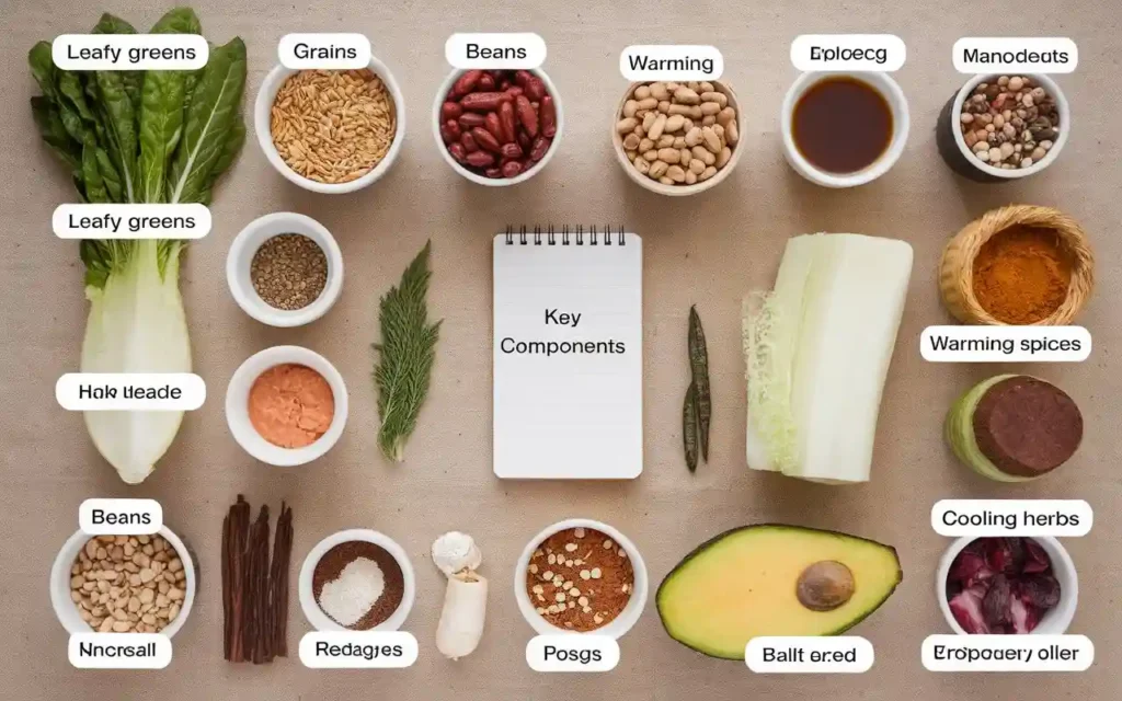 key components of an ayurvedic diet plan shown through colorful ingredients