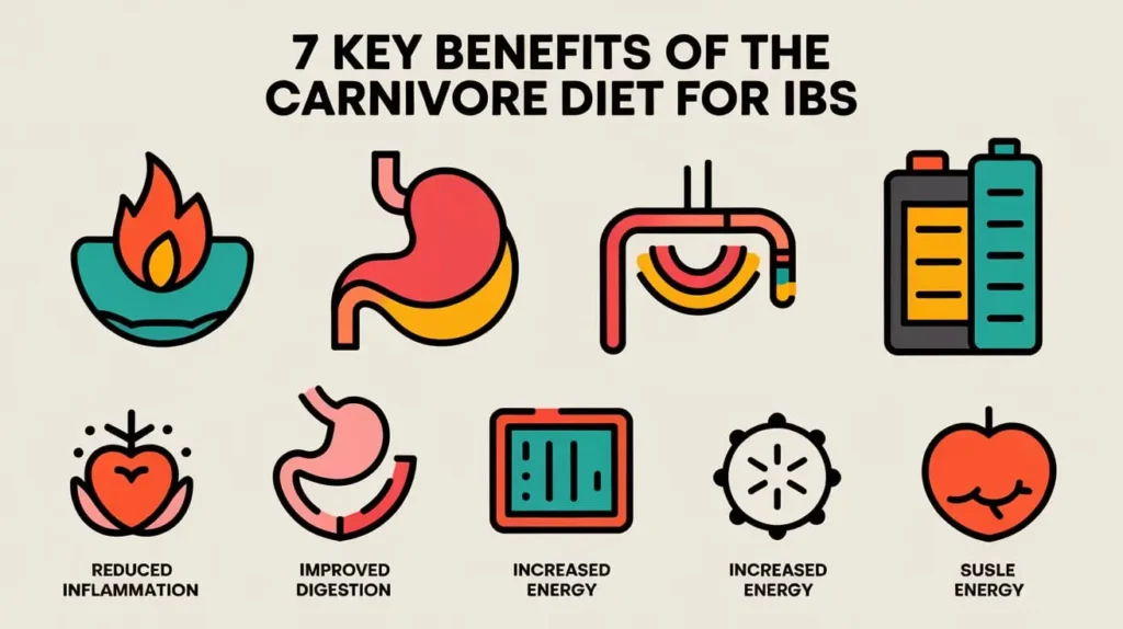 Infographic of 7 benefits of carnivore diet for IBS