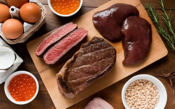 A vibrant display of steaks, eggs, and organ meats illustrating carnivore diet vitamins