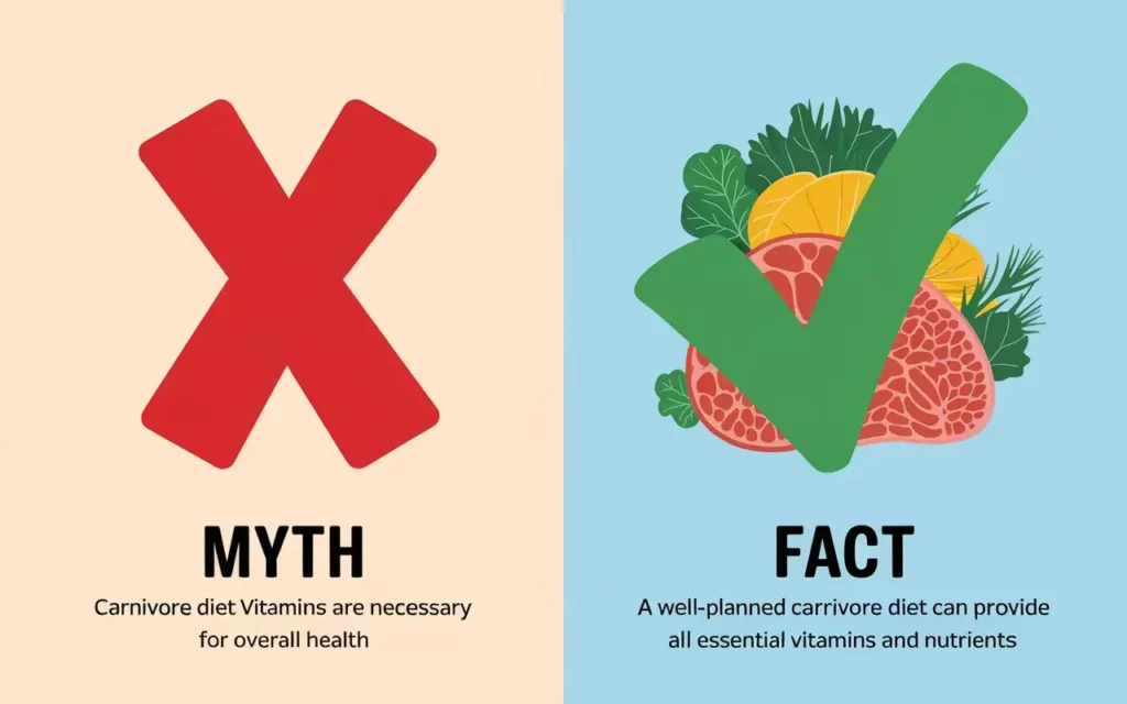 A myth-busting concept graphic surrounding carnivore diet vitamins