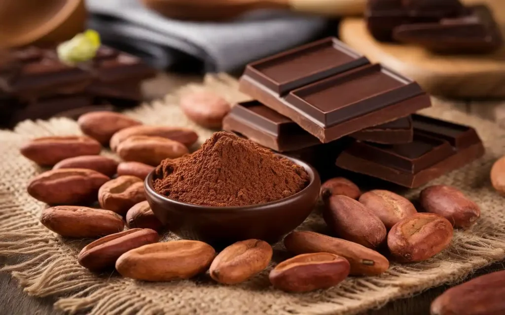 Foundations of chocolate diet with cocoa beans and ingredients