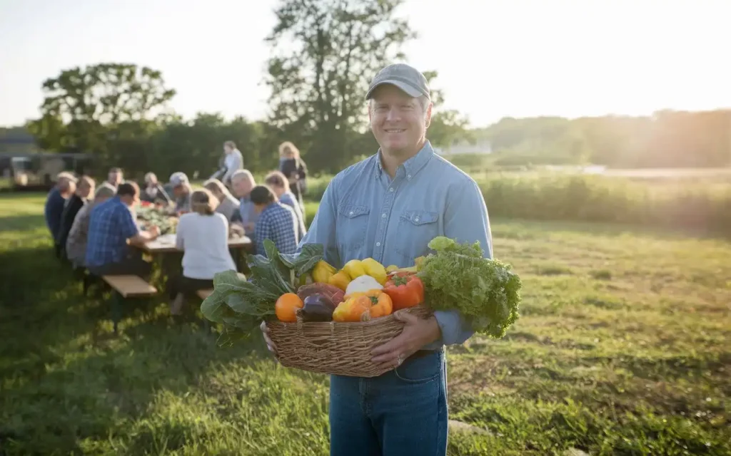 A farmer holding fresh organic produce, representing ethical food sourcing within the Christian diet.