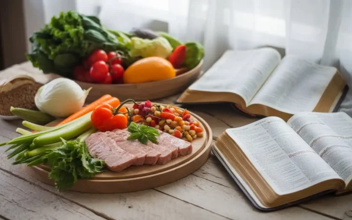 A wholesome Christian diet meal with fresh vegetables, fruits, and grains, emphasizing faith-based nutrition