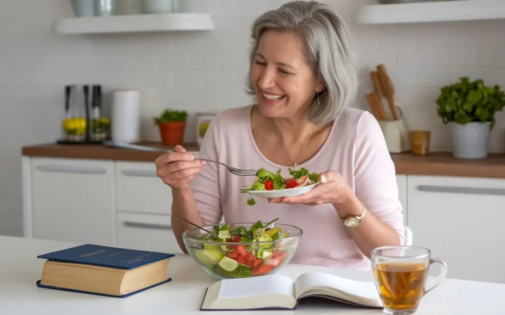 A happy, healthy person enjoying a fresh Christian diet meal, representing wellness through faith-based nutrition