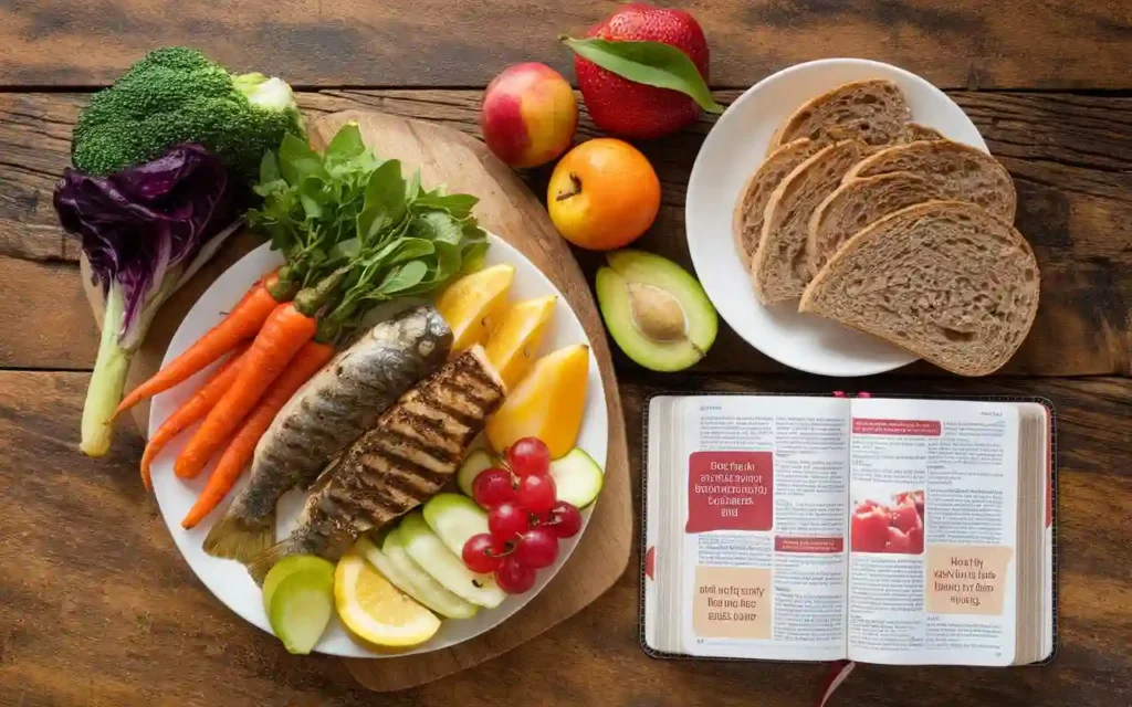 A top-down view of a variety of nutritious Christian diet meals, including fresh fruits, vegetables, and grains.