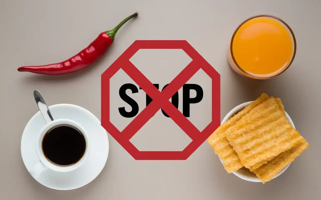 foods to avoid in an esophagitis diet menu, including spicy and acidic items