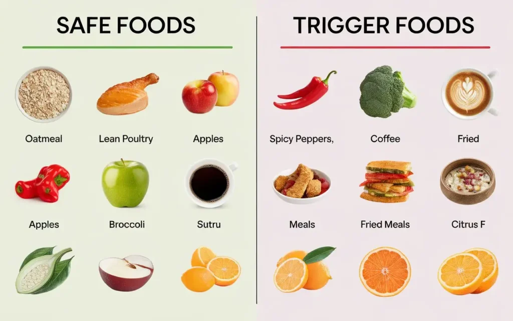 esophagitis diet menu infographic comparing safe vs. trigger foods