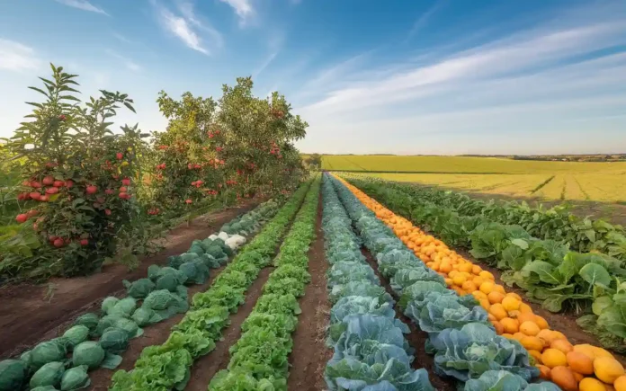 Vibrant farm landscape with fresh produce representing farmers diet