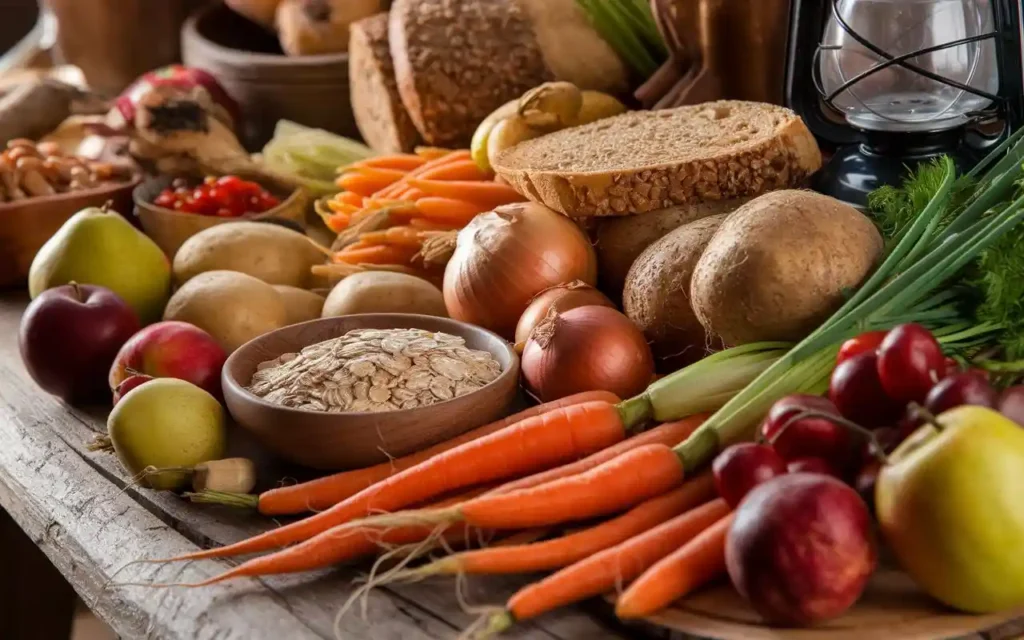 Farmers diet concept with traditional produce on a rustic table