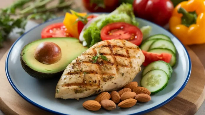 Fat protein efficient diet featured image showing a colorful plate of nutritious food