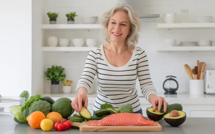 A woman happily preparing a balanced meal as part of a keto diet plan for women over 50.